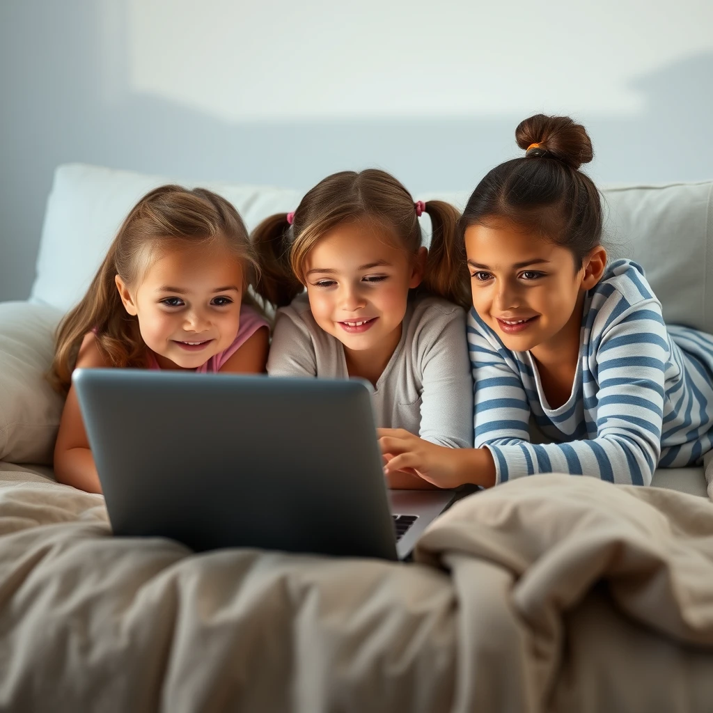 Three girls about ten years old. Watching a movie on a laptop on a white sofa. On their stomachs.