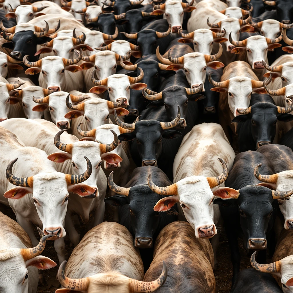 a frame full of white and black bulls in it.