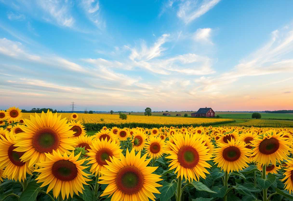 Vibrant, sunflower fields, golden blooms, high quality, photorealistic, summer, cheerful, idyllic, rural, panoramic, breathtaking, rural farmhouses, blue skies, windblown fields, sunset, floral arrangements.