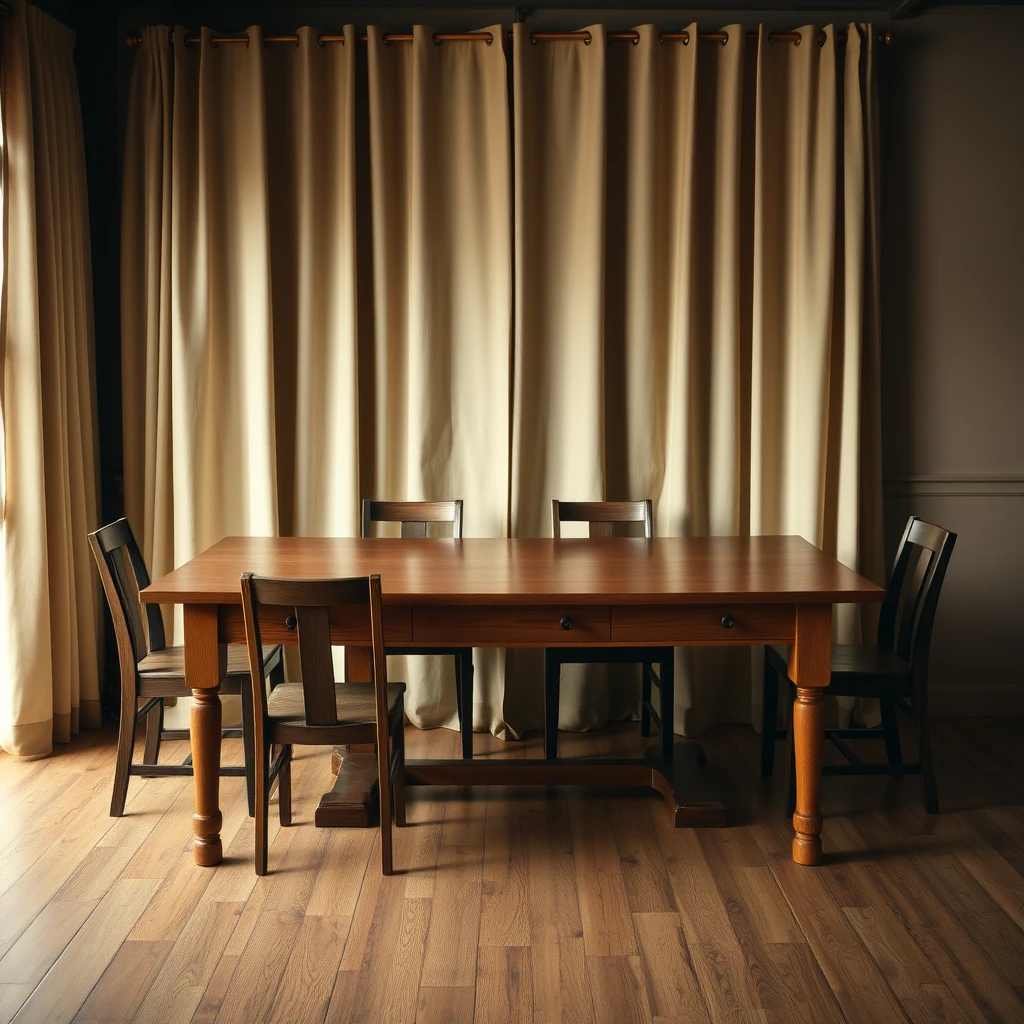 Indoor shot, solid wood dining table, large empty tabletop, beige curtains, soft light, vintage, nostalgia, dark brown, light brown background, simplicity, commercial photography, top view, Fujifilm, f/4.0, 85mm. - Image