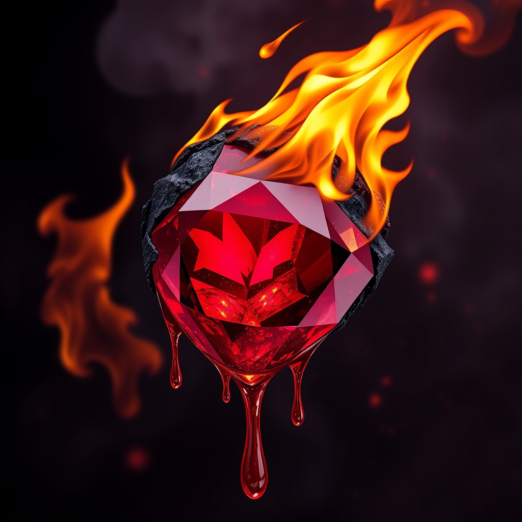 A tee shirt design of a beautiful ruby on fire with beautiful liquid red ruby dripping with flames. The ruby has black char all over it and subtle colorful embers burning in the ruby. Inside of the ruby should be reminiscent of beautiful galaxies perfectly blended with chaos. Striking and otherworldly on a transparent background.