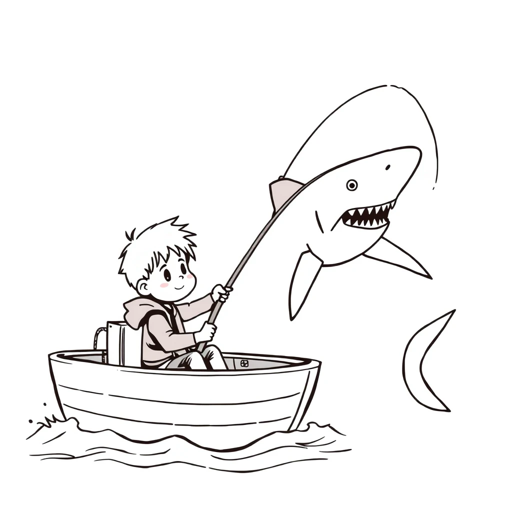 LINE SKETCH CARTOON OF SMALL BOY IN A BOAT WITH A LARGE SHARK AT THE END OF HIS FISHING POLE