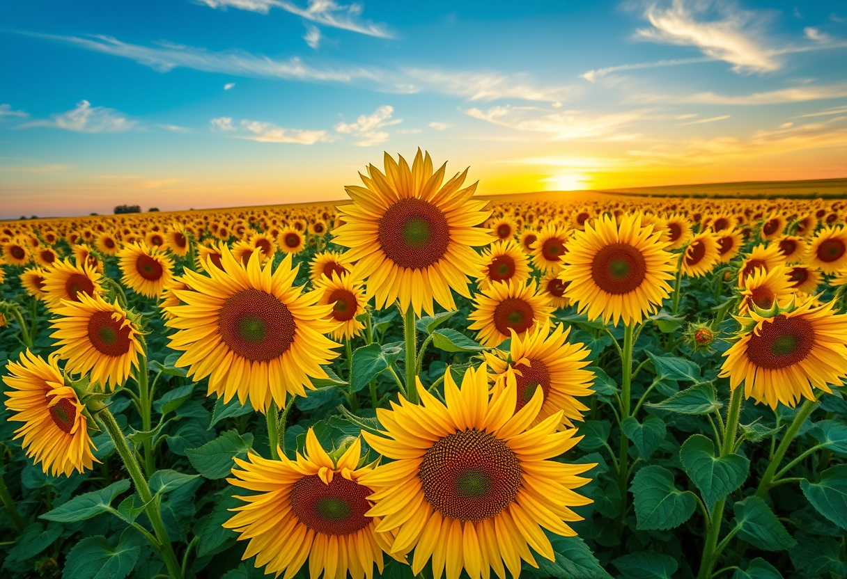 Vibrant, sunflower fields, golden blooms, high quality, photorealistic, summer, cheerful, idyllic, rural, panoramic, breathtaking, blue skies, windblown fields, sunset, floral arrangements.