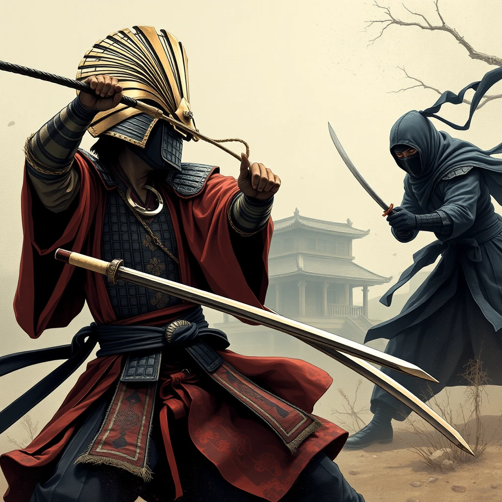 A samurai from the Japanese Feudal Period fighting a ninja from a hidden village. - Image