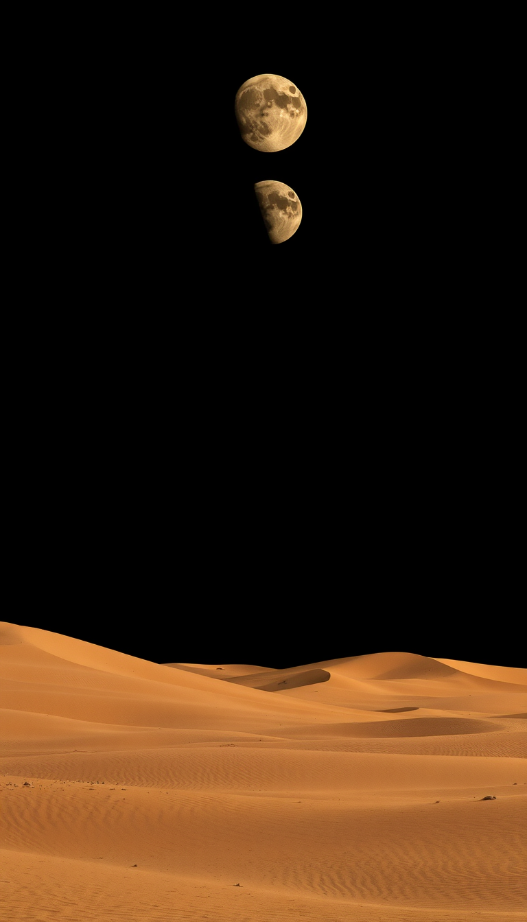 A desert with sand dunes and multiple moons in all phases. - Image