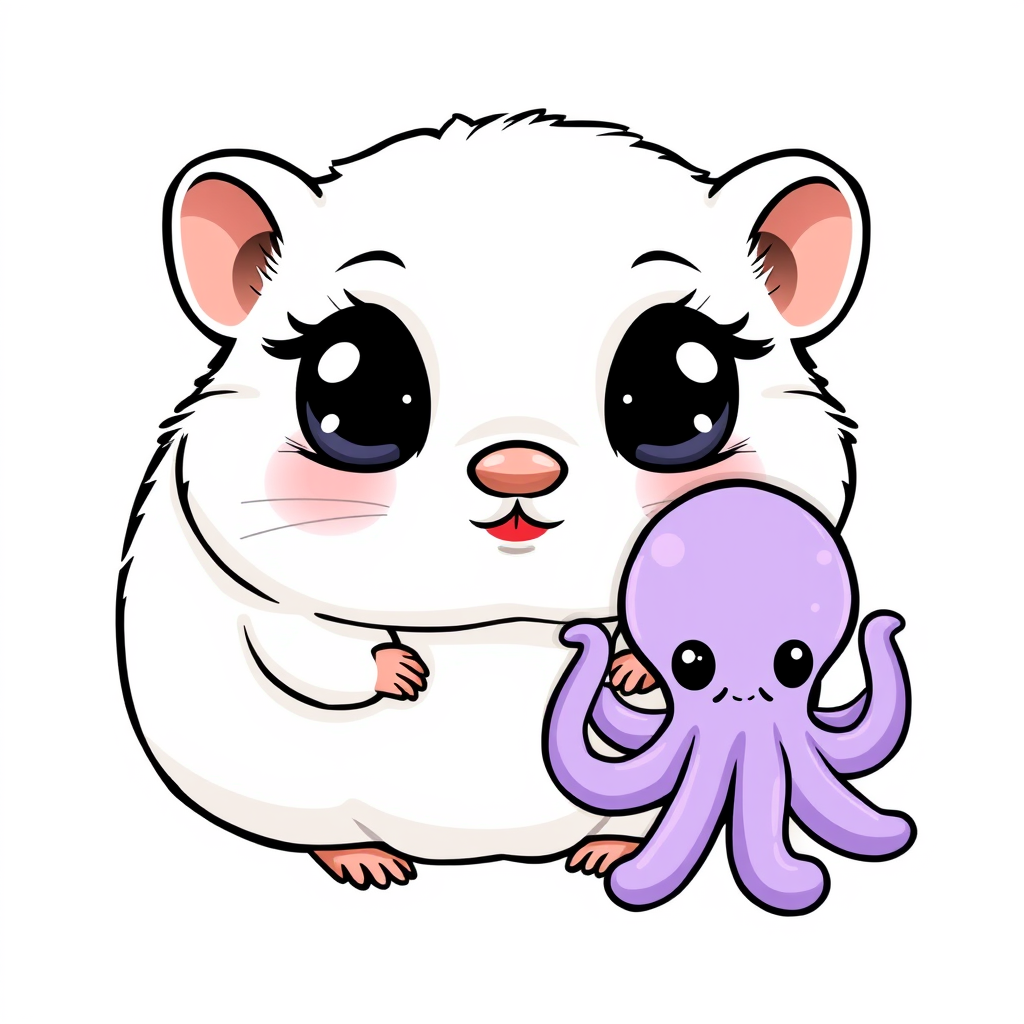 "Please draw a cute white hamster with big eyes and adorable lips, along with a tiny and cute lavender octopus, in a 1:2 ratio as a cute character in a logo style." - Image