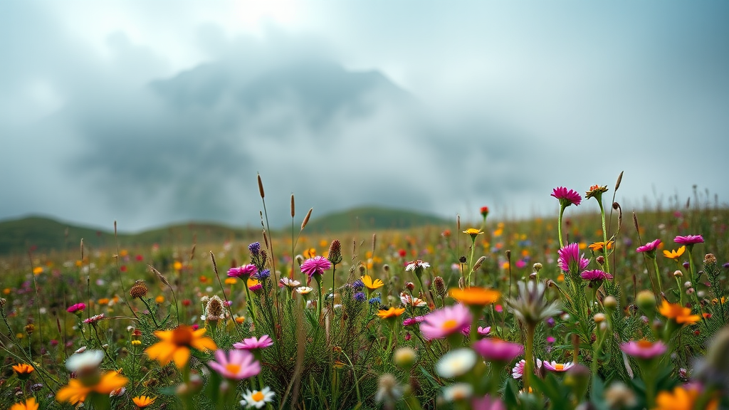 a field of wildflowers in front of a mountain with fog in the background, by Giuseppe Camuncoli, a macro photograph, dolomites, mythical floral hills, meadow with flowers, gentle mists, meadow, vast lush valley flowers