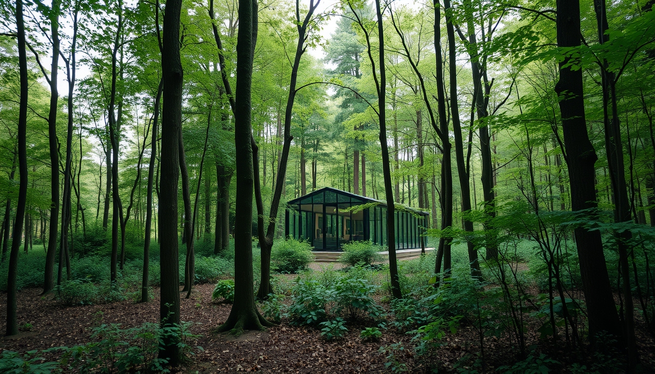 A tranquil forest scene with a hidden glass house blending into the surroundings.