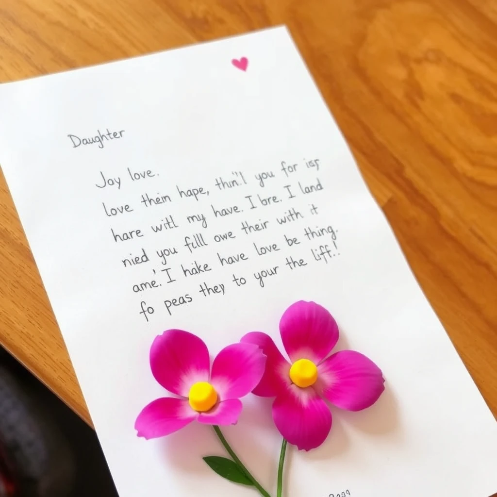 Love letter, written by 7-year-old daughter, flower. - Image