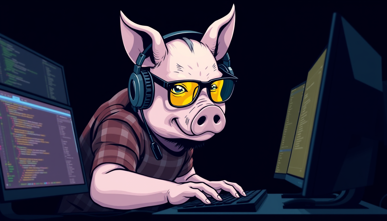 A tech-savvy pig coder, wearing yellow-tinted glasses and sleek noise-cancelling headphones, hunches over a cutting-edge multi-monitor setup. The anthropomorphic pig exudes focus, typing furiously. It is wearing a plaid t-shirt. - Image