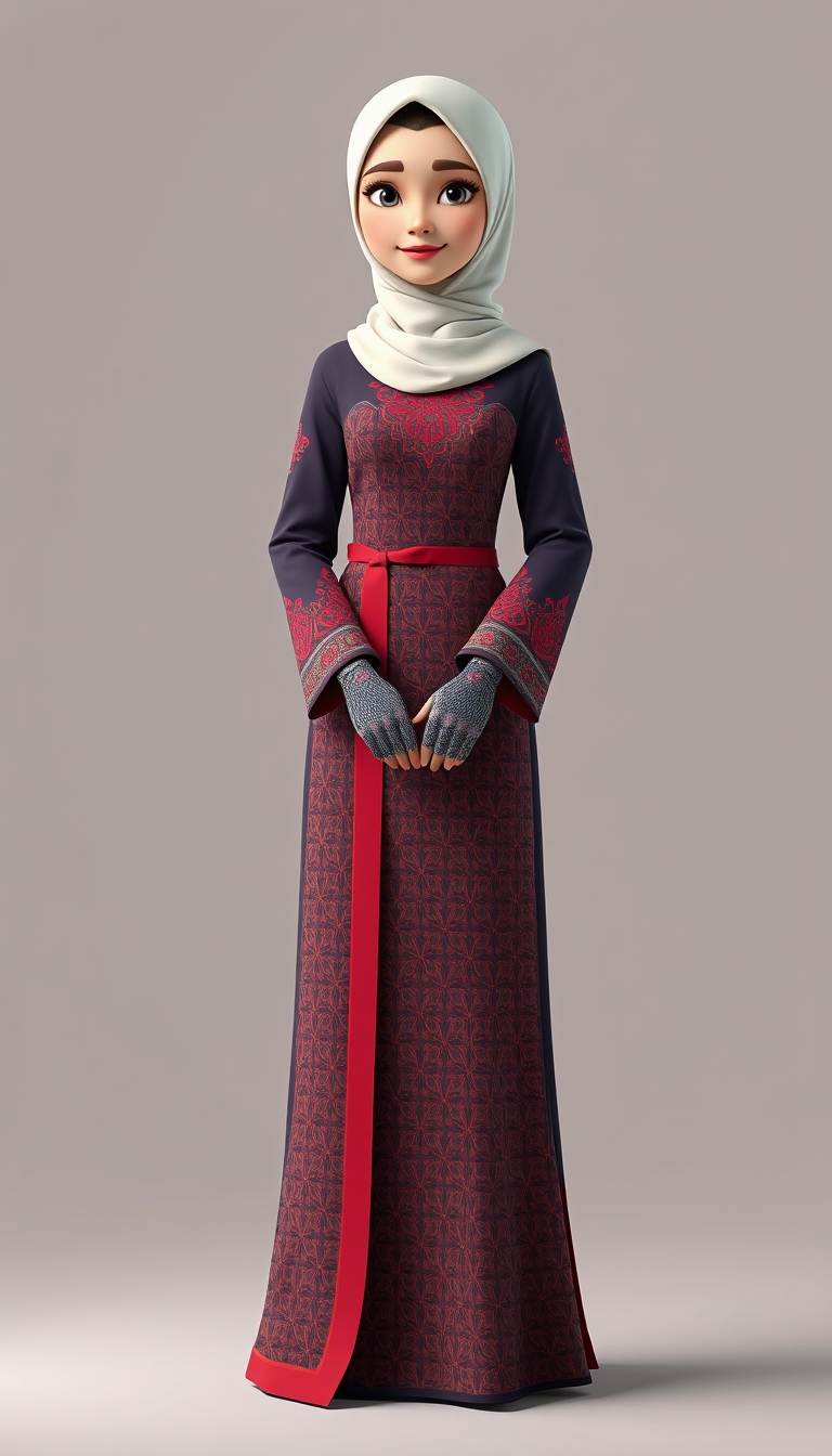 Create a 3D, 8K animated cartoon of a Muslim woman from Palembang wearing a long traditional songket dress. She should have her hands covered with batik gloves. The image should capture the elegance and cultural richness of the attire.