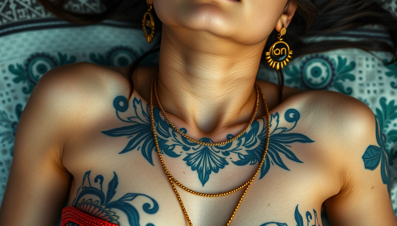 Close-up view of the tattooed chest of a Korean Indian woman with fair skin, beautiful facial features, and blue eyes, wearing gold ornaments while lying down and looking up.