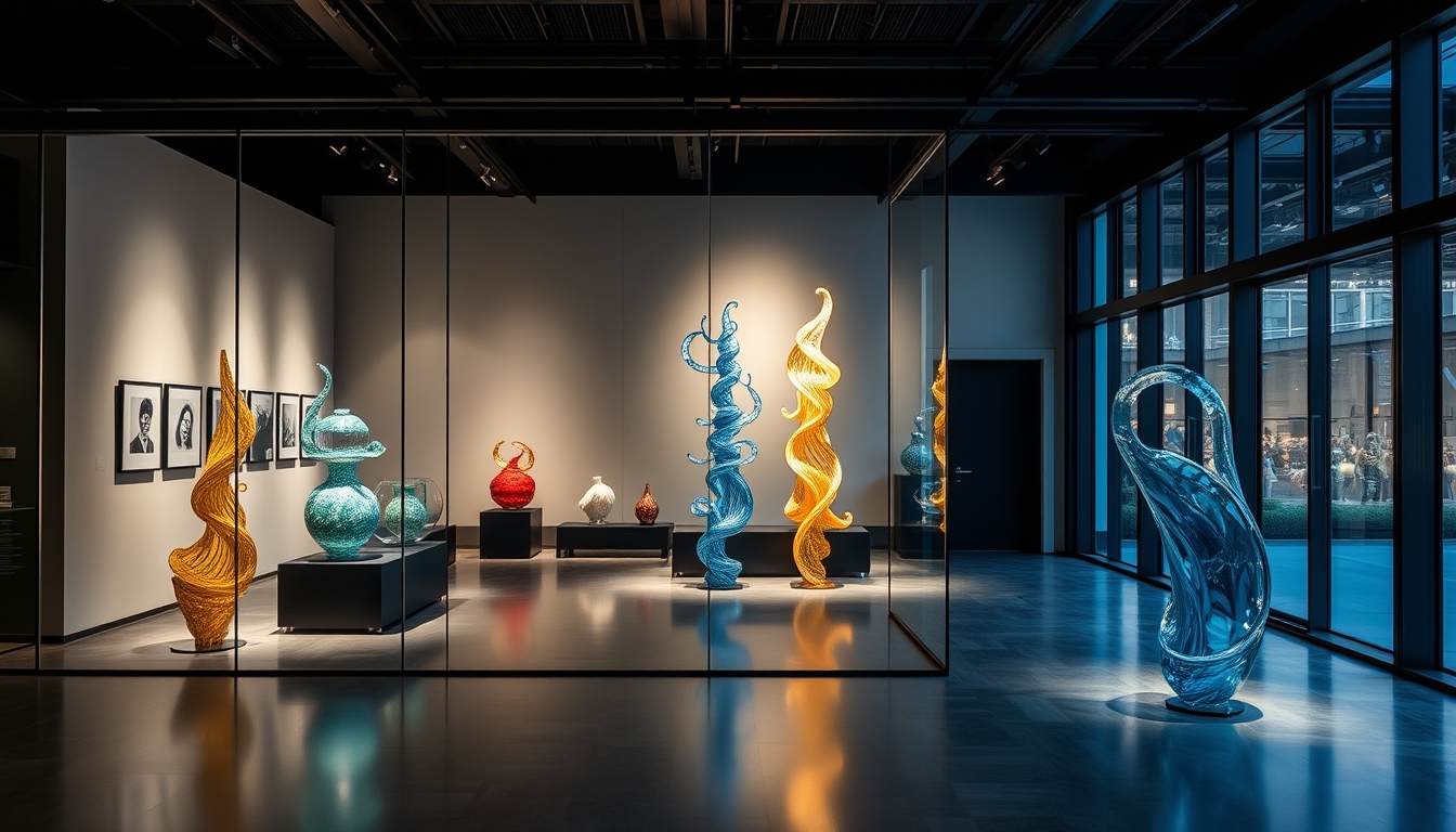 A modern art gallery with glass walls, showcasing contemporary glass sculptures. - Image