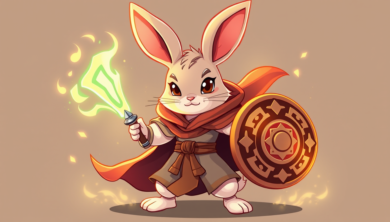 A cartoon-style rabbit in a martial arts and fantasy theme, wearing a flowing cloak. The rabbit has a cute yet determined expression, standing in a defensive stance. In its right hand, it holds a mystical weapon, and in its left hand, it carries a round, ornate shield. The rabbit is surrounded by glowing magical particles, with the cloak billowing in the wind. The style is vibrant and colorful, with exaggerated features that highlight the playful, cartoonish nature of the character. The rabbit's defensive posture and the magical effects create a dynamic, engaging scene. - Image