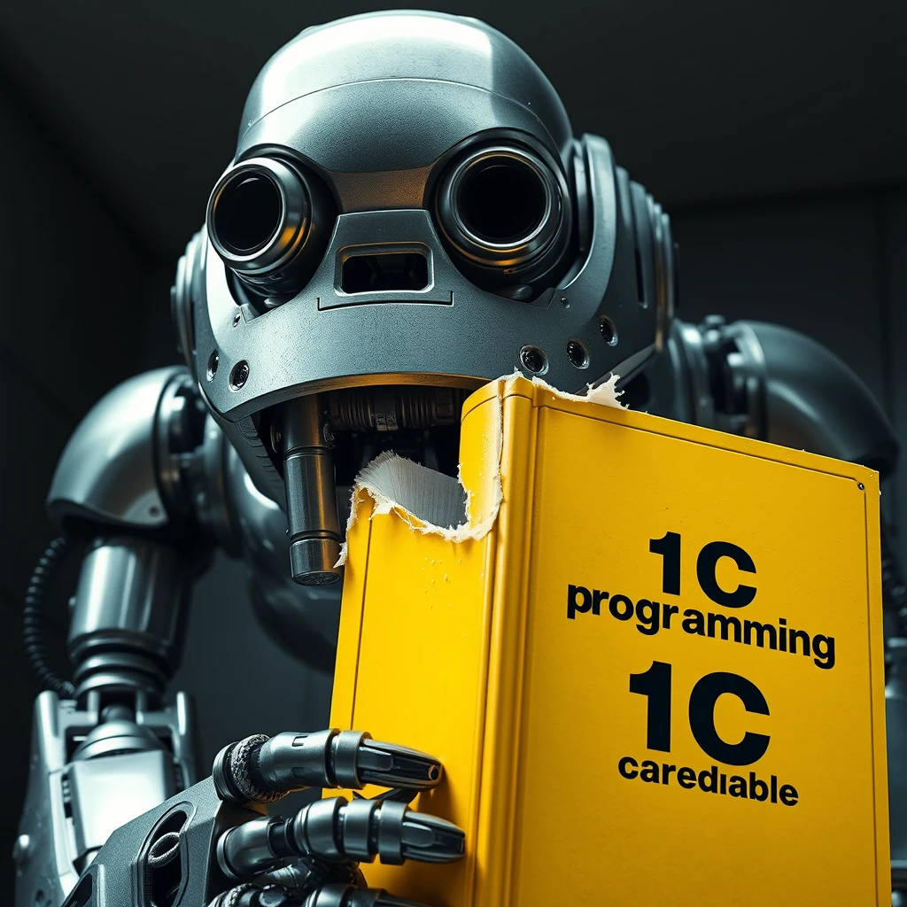 Futuristic scene: a giant robot bites the corner of a large yellow book. The robot is massive, with a metal body, gleaming lens-eyes and mechanical jaws. Its size is several times the size of the book. The book is bright yellow in color, thick, and looks like a textbook. The cover of the book reads "1C Programming" in large black letters. You can see that the robot has bitten off the upper right corner of the book, leaving a jagged bite mark. The background is neutral, perhaps a darkened laboratory or futuristic interior. The lighting is dramatic, emphasizing the contrast between the shiny metal of the robot and the matte surface of the book. 
Image style: photorealistic with science fiction elements. Detailed texture of the robot's metal and the book's paper. Clear lines and shapes. Saturated colors with emphasis on the yellow of the book and the silver-steel of the robot.