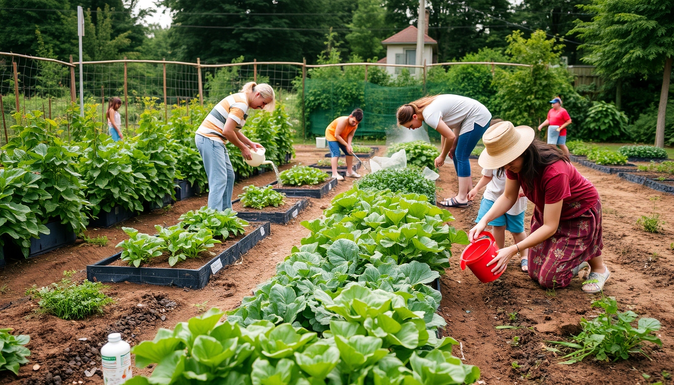 Community garden with people planting, watering, and harvesting organic vegetables. - Image