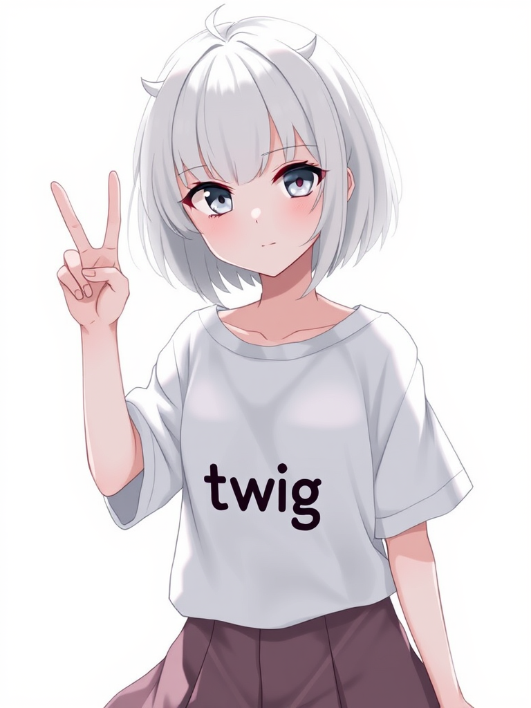 Anime girl with a white loose shirt, black text on the loose shirt saying "twig," and doing the peace hand sign. She has white hair, gray eyes, and a skirt. The background is white with nothing in it. The image is realistic with shadows.