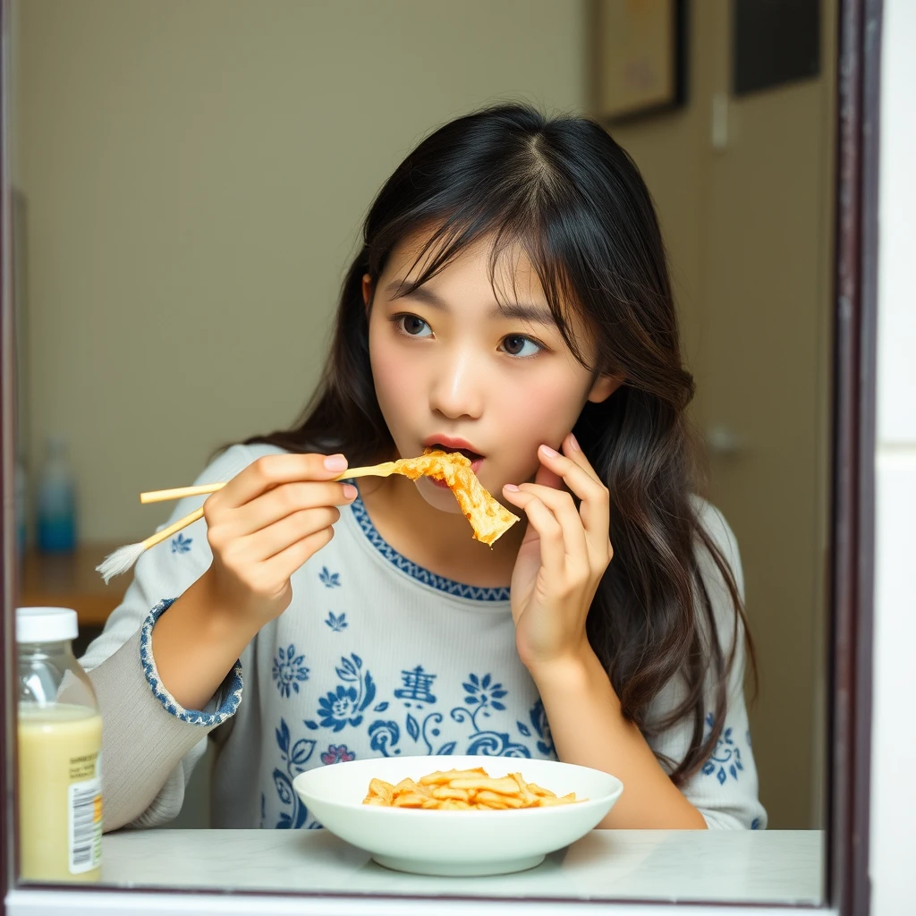 A young woman is eating while looking in the mirror. Note that she is Chinese.