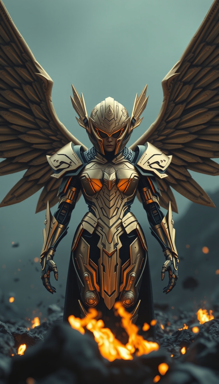 Cinematic shot of a cyborg female battle angel rising from ashes, golden regal Valkyrie armor, futuristic, full helmet, standing on a battlefield, movie scene, film grain, realistic, shot from below, dark lighting.