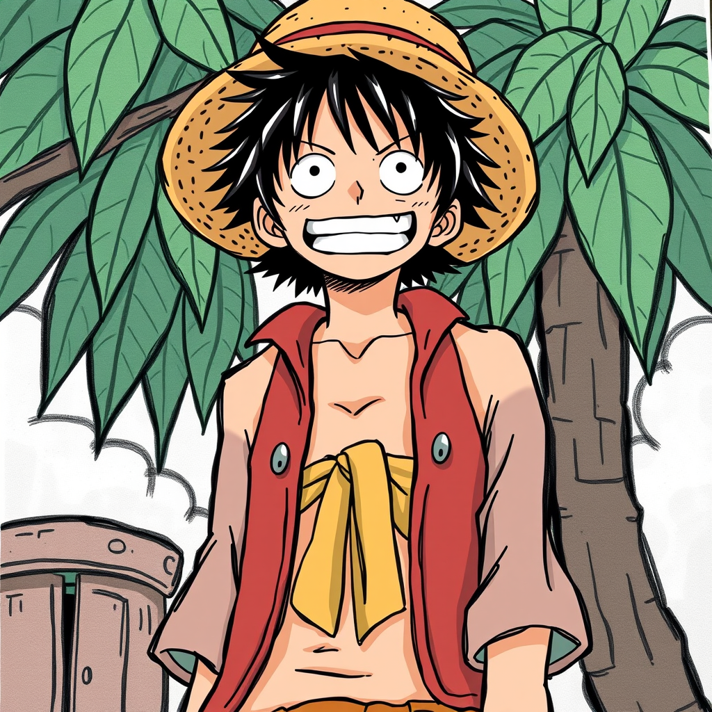 Monkey D. Luffy in a Studio Ghibli drawing. - Image