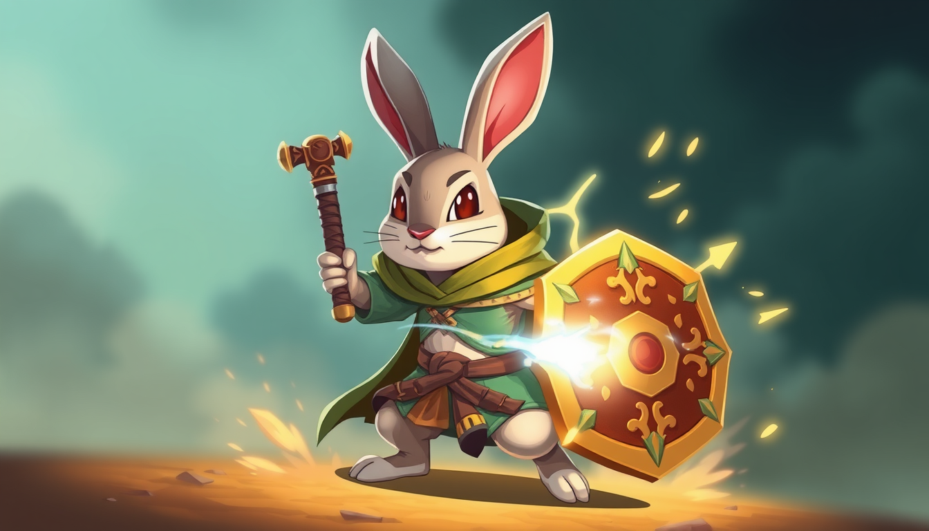 "I want to generate an image in a wuxia and fantasy style: there is a rabbit, in a cartoon style, wearing a cloak, holding a weapon and a shield, with magical light particle effects on its body, in a defensive posture." - Image