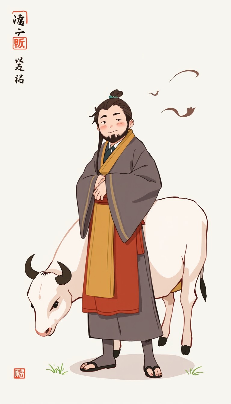 Illustration of Gong Mingyi, in traditional Chinese attire, standing up with a gentle smile, realizing the futility of his effort. Long hair flowing in the breeze, cow focused on eating grass. (traditional Chinese art)