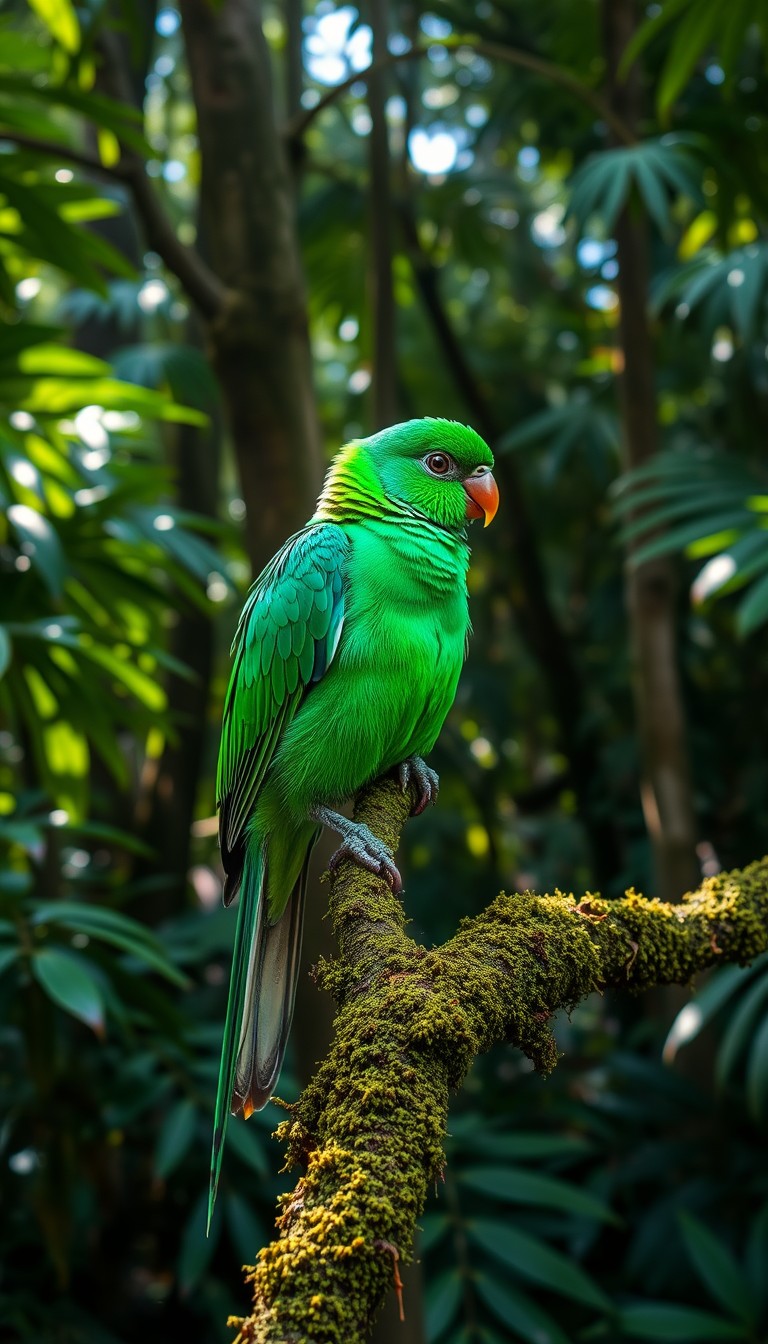 A vibrant emerald green bird with iridescent feathers, perched gracefully on a moss-covered branch in a dense, lush South American rainforest. The sunlight filters through the canopy, casting dappled light on the bird's plumage, highlighting its vibrant colors. - Image