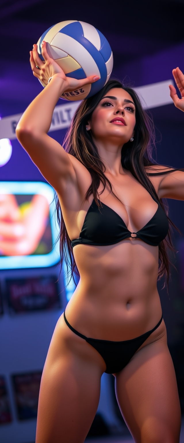 A beautiful long-haired brunette girl wearing a black bikini is playing volleyball, with a pierced bellybutton, under neon lights.