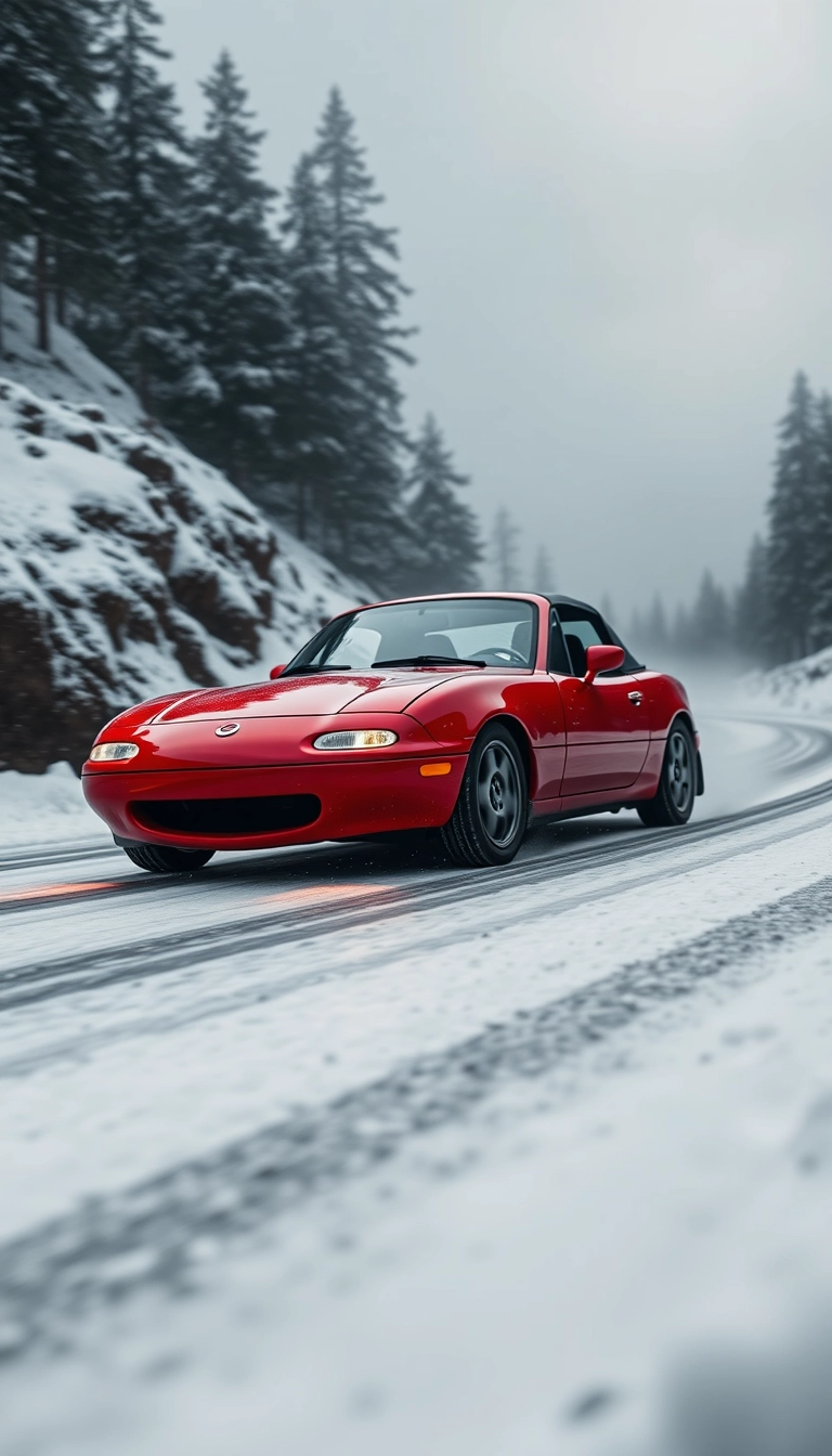 Create an image of a red 1991 Mazda mx5 drifting on a snowy mountain road.