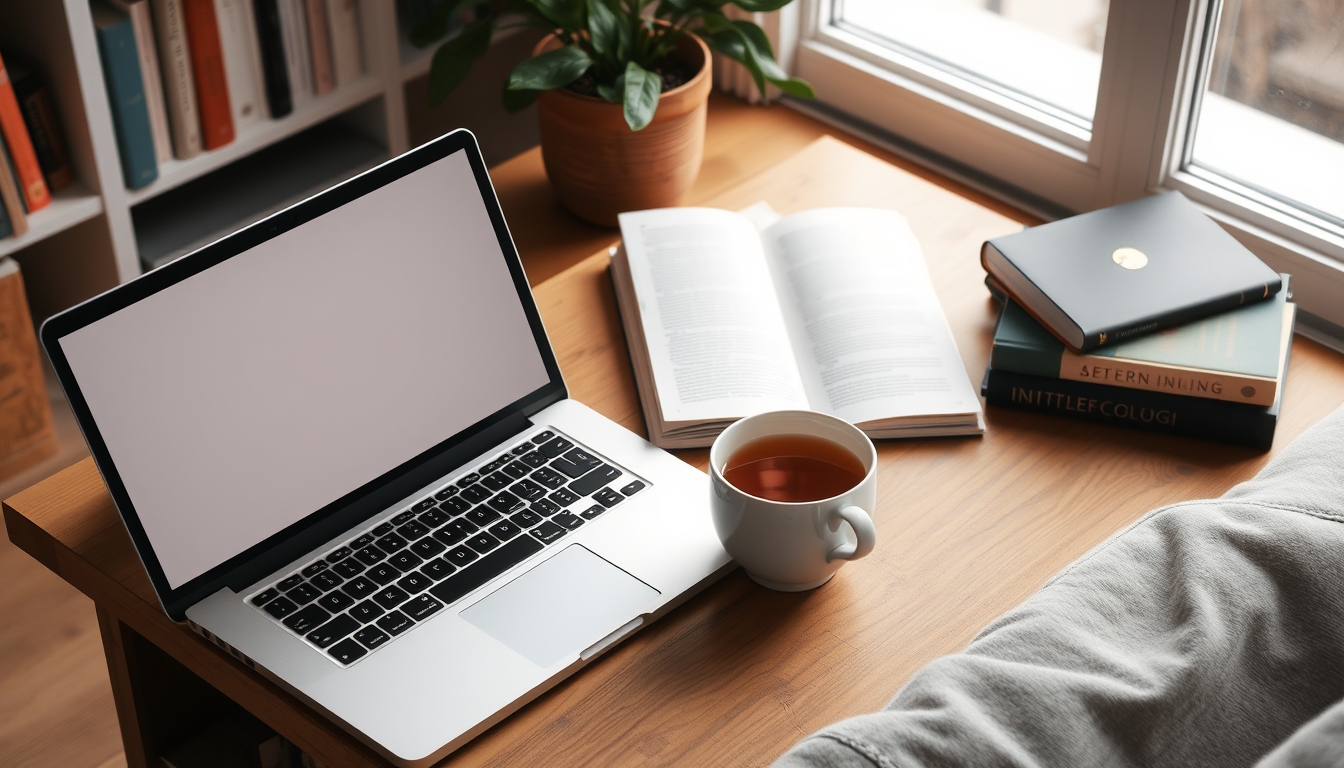 A cozy home study setup with a laptop, textbooks, and a cup of tea, emphasizing the comfort and flexibility of online education. - Image