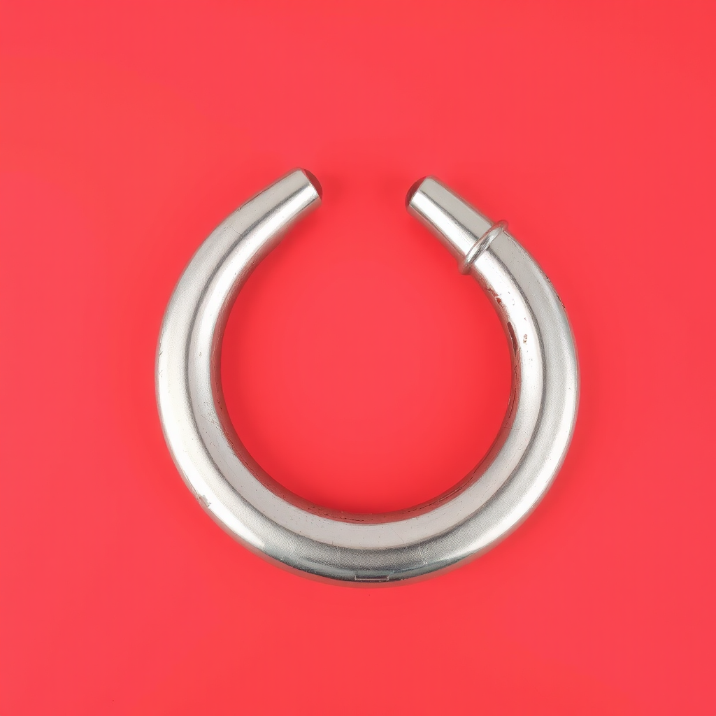 A metallic hook shaped like a "G" on a light red background, realistic photograph. - Image