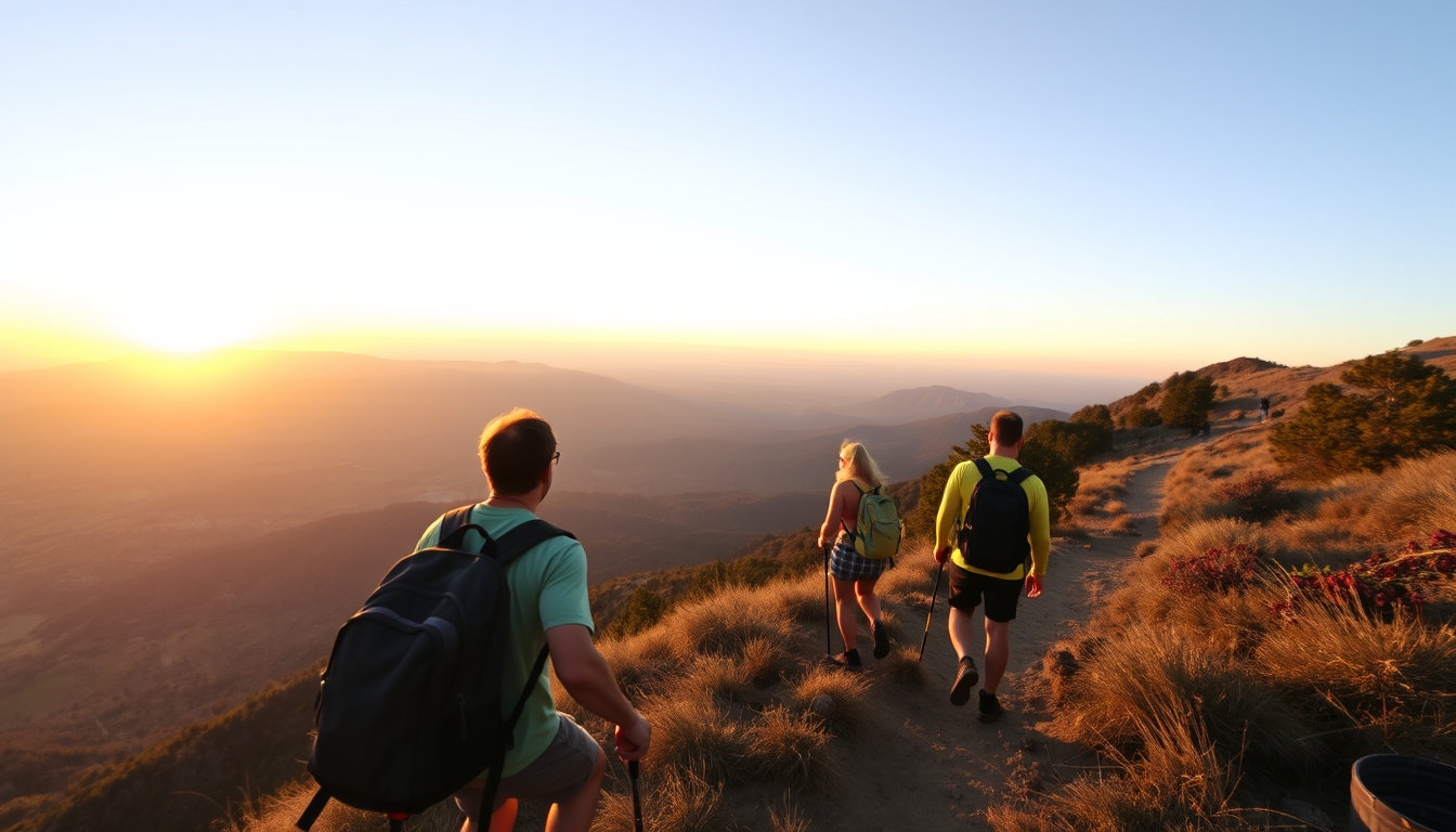 A wide-angle shot of a group of friends hiking up a mountain trail, with expansive views of the valley below and the sun setting on the horizon.