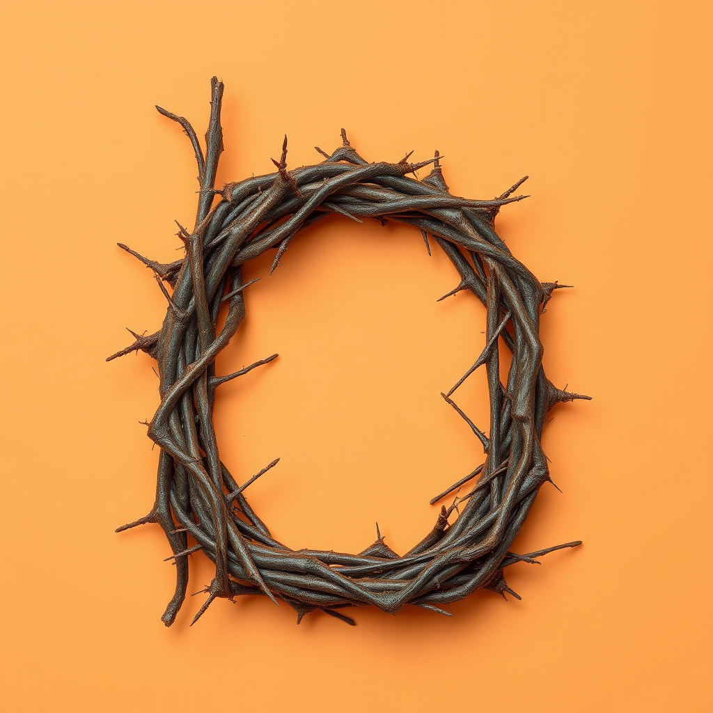 A letter "E" made of thorns in a light orange background, realistic photograph.