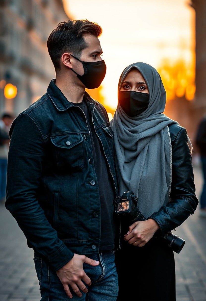 Jamie Dornan's head and body shot, handsome, face mask black, jeans jacket, jeans, dating, love couple, with the biggest grey hijab Muslim girl, face mask black, beautiful eyes, black leather jacket, biggest skirt, holding a DSLR Canon camera, sunset, hyper realistic, street photography.