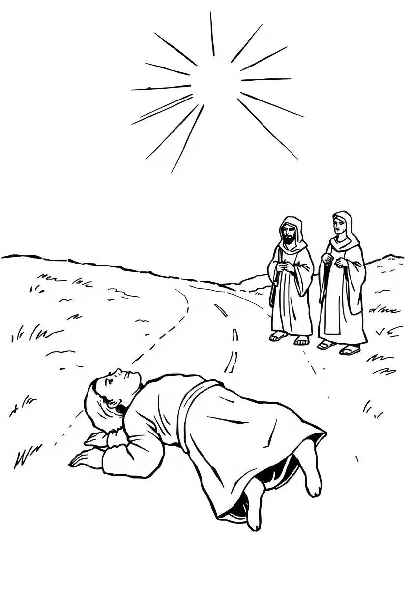 Coloring book page. Simple black and white sketch of Paul's conversion on the road to Damascus: A figure (Paul) fallen on a road. Include a bright light source from above. Add other figures (companions) standing nearby, looking confused. White background, black and white drawing, sharp black lines.