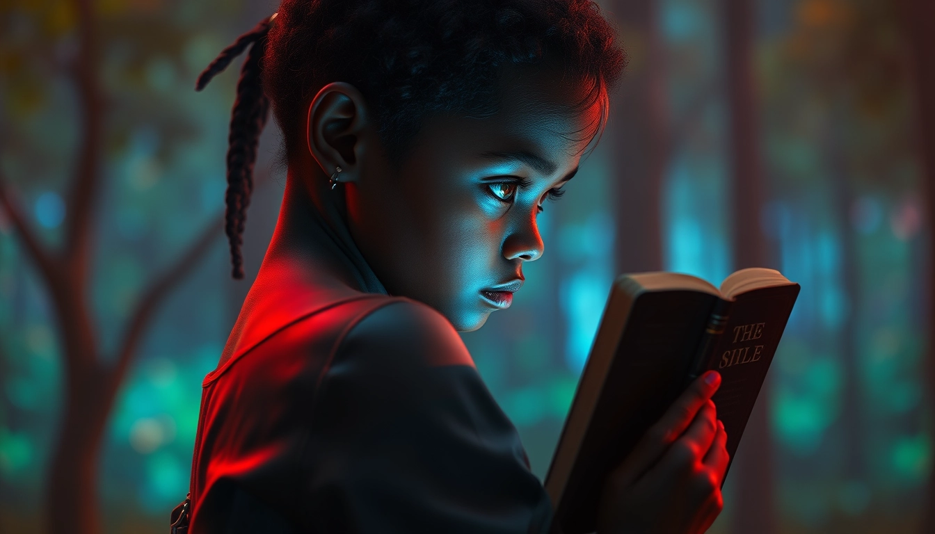 Portrait | shoulder shot of eyes off to one side of the frame, lucid dream-like Rwandan girl sitting on a tree trunk reading the Bible, game asset, Blender, looking off into the distance ::8 style | glowing ::8 background | forest, vivid neon wonderland, particles, blue, green, orange ::7 parameters | rule of thirds, golden ratio, asymmetric composition, hyper-maximalist, octane render, photorealism, cinematic realism, unreal engine, 8k ::7 --ar 16:9 --s 1000