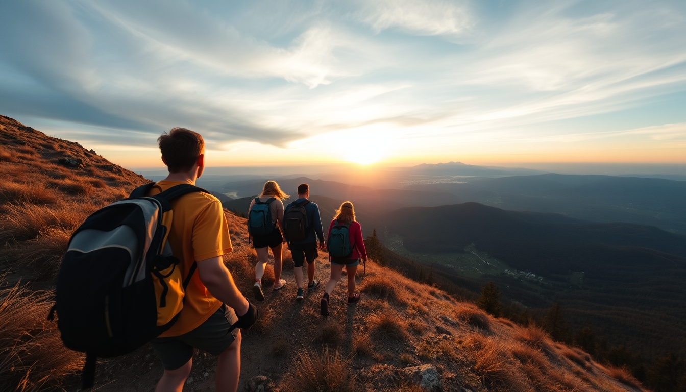 A wide-angle shot of a group of friends hiking up a mountain trail, with expansive views of the valley below and the sun setting on the horizon.