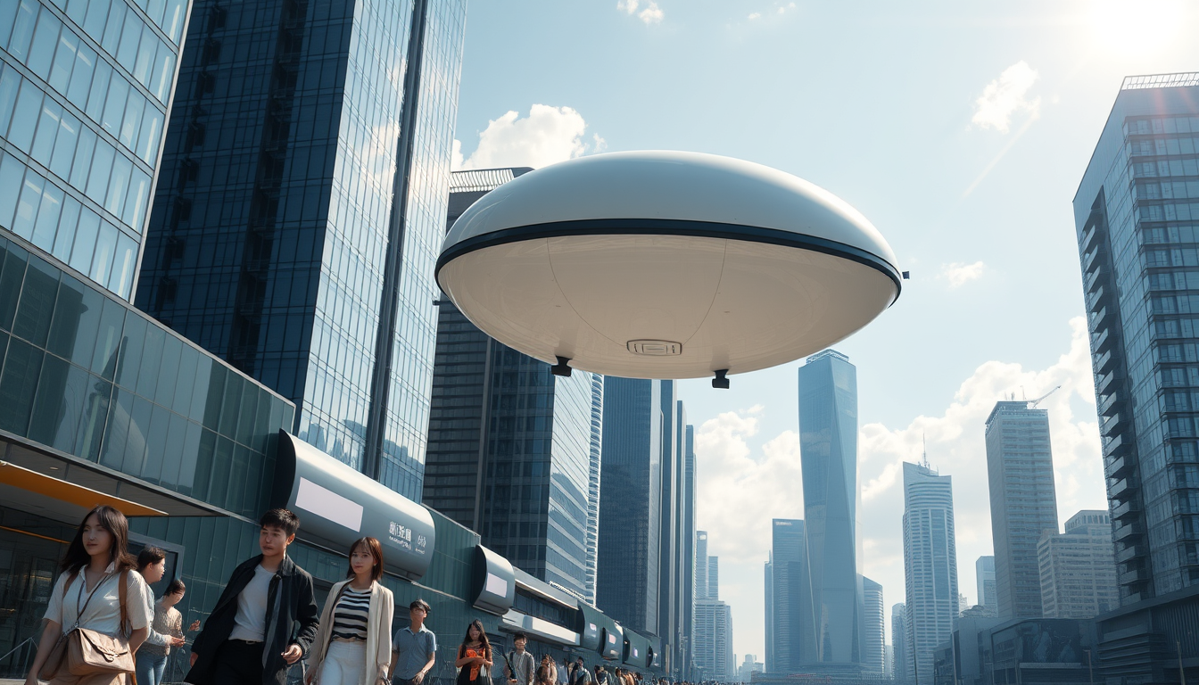 Create a stunning high-resolution image of the city of the future. The skyline should be filled with towering skyscrapers. Include a light-colored oval balloon-type robot flying rapidly through the air with tiny black balancers on either side of the balloon. There are some people walking on the street, Asian faces, wearing fashionable and avant-garde clothes, in a laid-back and pleasant atmosphere. The visual focus of the image highlights small balloon-type robots patrolling the air for safety, very beautiful clouds, and beautiful sunlight reflecting off the glass surfaces of buildings, creating an atmosphere of excitement and innovation. Very sharp and realistic details, 32K, flat view.