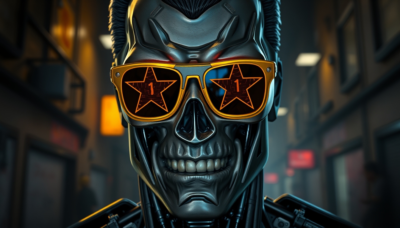 A highly detailed and realistic digital illustration of the Terminator wearing yellow star-shaped comic glasses with a little smile expression. The background is a dark, urban setting with subtle details. High resolution, rich textures, and a sophisticated color palette. Realistic details and textures, maintaining a sophisticated and rich color palette. Rich textures and subtle lighting, high resolution, cinematic film, dynamic pose, photograph taken by Michael Bay on a CANON EOS C500 MARK II, f/22, shutter speed 1/1000, ISO 1000, 55mm lens, low lighting, cinematic scene, fx, HDR, epic composition, cinematic photo, hyper-realistic, hyper-detailed, cinematic lighting, particle effects, action photography, hyper-realistic, 8k resolution, unreal engine, photorealistic masterpiece, smooth, real photography, full HD, megabyte, Pro Photo RGB, VR, good, massive, half rear lighting, backlight, incandescent, optical fiber, moody lighting, studio lighting, soft lighting, volumetric, content-aware, beautiful lighting, accent lighting, screen, ray tracing global illumination, optics, scattering, glowing, shadows, rough, shimmering, ray tracing reflections, lumen reflections, screen space reflections, diffraction grading, chromatic aberration, GB displacement, scan lines, ray traced, ray tracing ambient occlusion, anti-aliasing, FKAA, TXAA, RTX, SSAO, shaders, OpenGL shaders, GLSL shaders, post processing, post-production, cell shading, tone mapping, CGI, VFX, SFX.