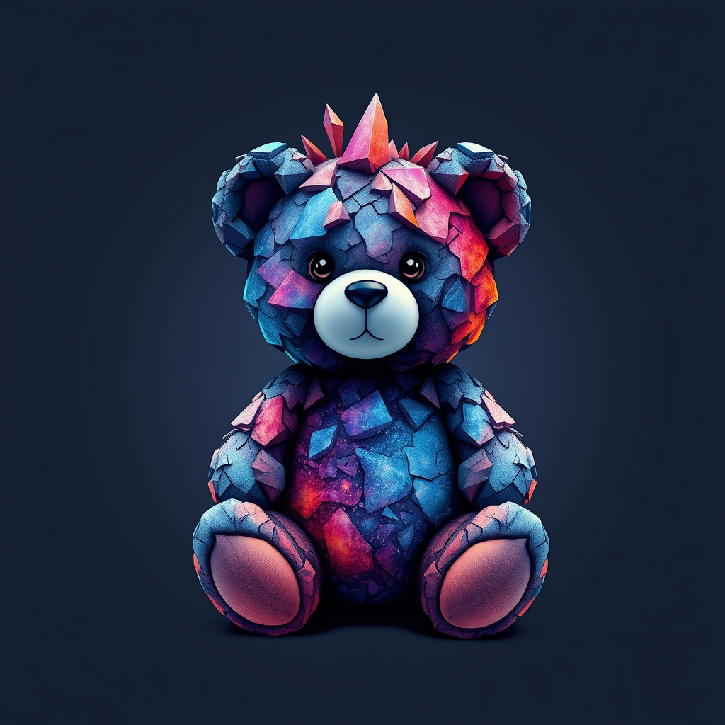 A tee shirt design of a teddy bear whose entire body, ears, and head are perfectly made of a beautiful jagged mineral that looks reminiscent of the universe with uneven colorful shards sticking out. Striking and beautiful, with deep blues and purples contrasting with vibrant reds and orange. - Image