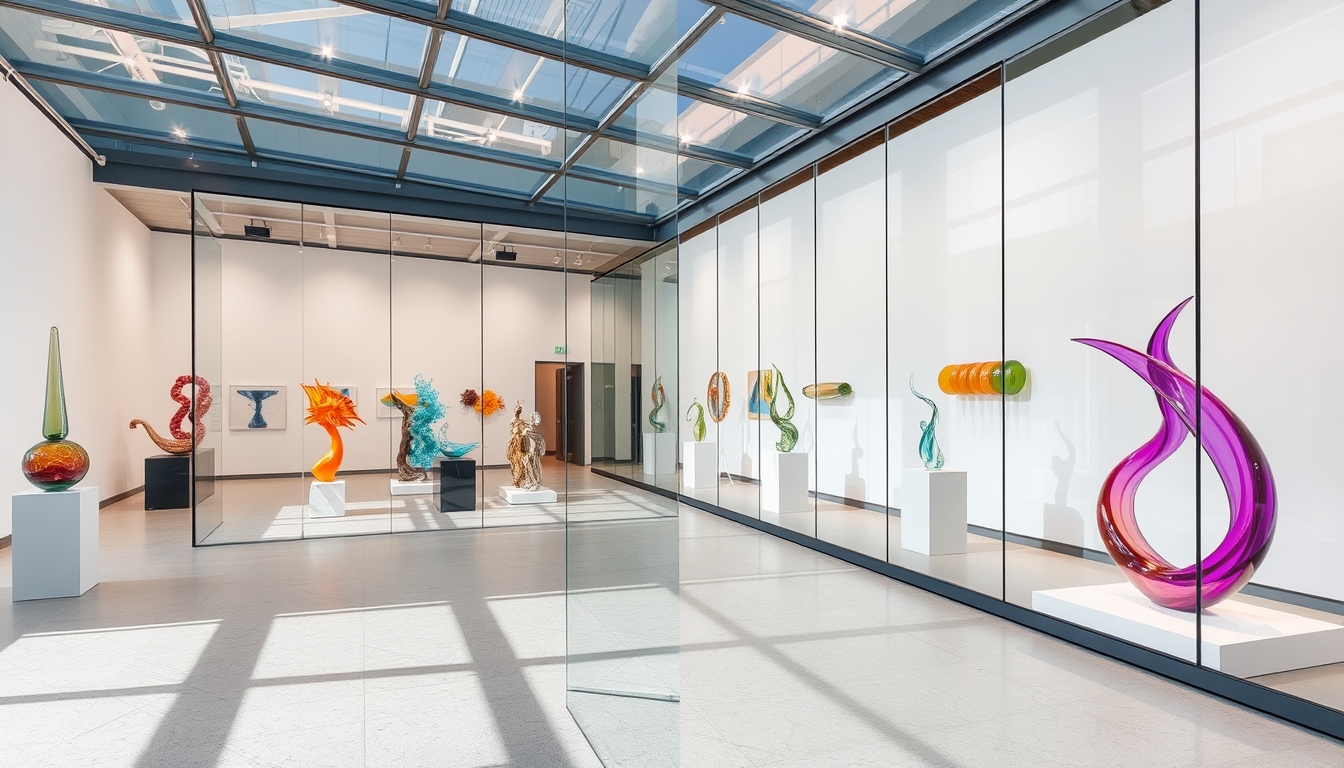 A modern art gallery with glass walls, showcasing contemporary glass sculptures. - Image