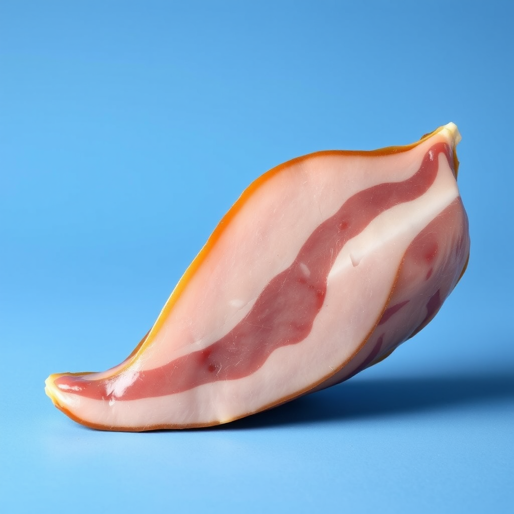 A letter "J" made of Iberian ham, blue background, realistic photograph. - Image