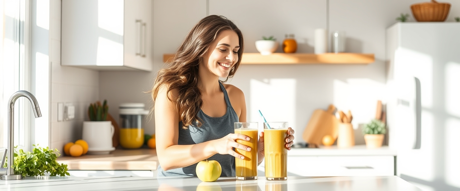 Happy young woman preparing a healthy smoothie in a bright kitchen reflecting the energy and freshness of a sunny morning.