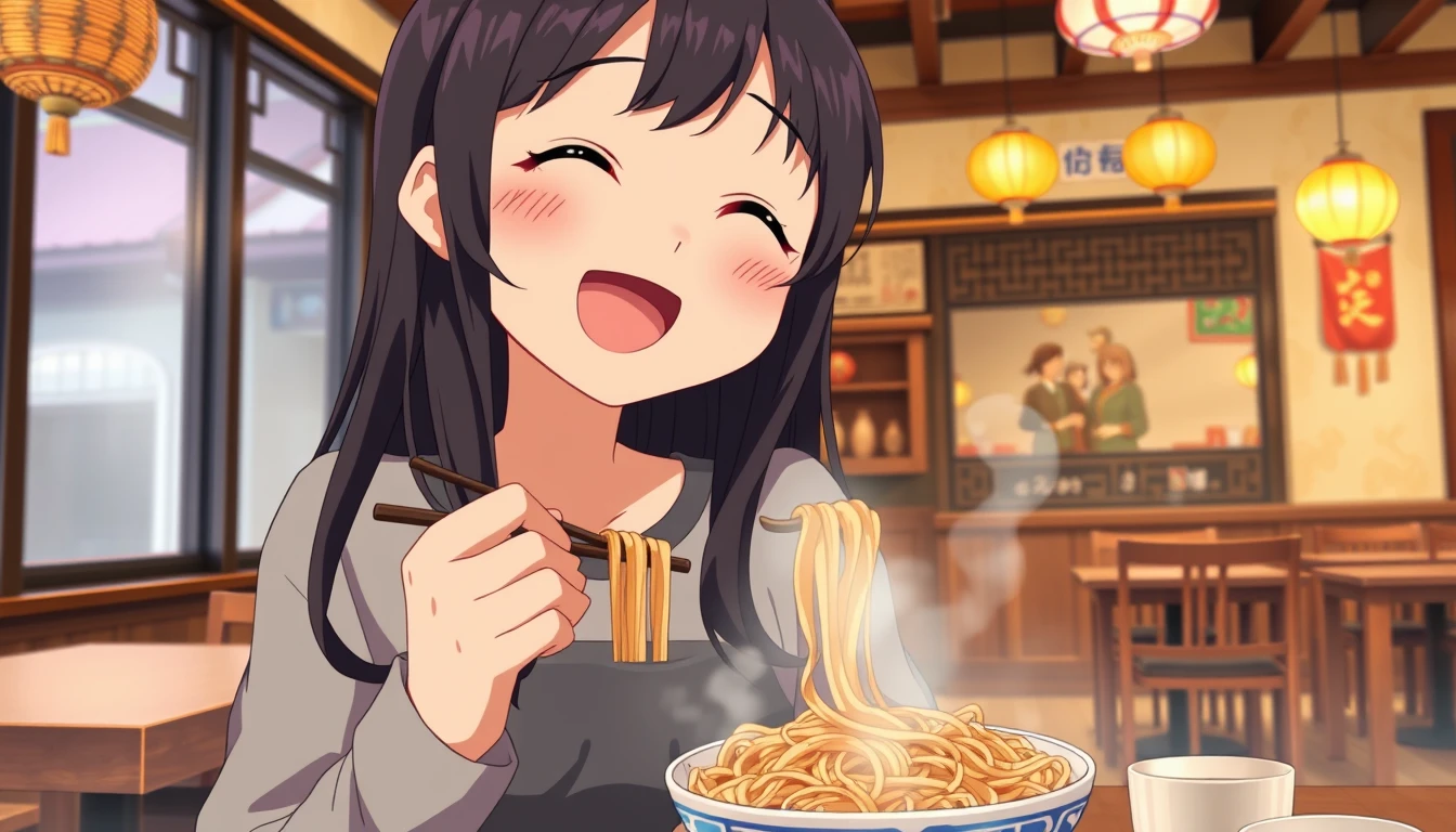 Depict a young Asian girl joyfully eating Lanzhou noodles inside a traditional Chinese restaurant. She has long black hair and is dressed in casual attire. The visual style should mimic that of Kyoto Animation, with detailed character design and warm color tones, reflecting the meticulous and vivid expressions common in Japanese animation. The background features a cozy restaurant interior with wooden tables and soft lighting.