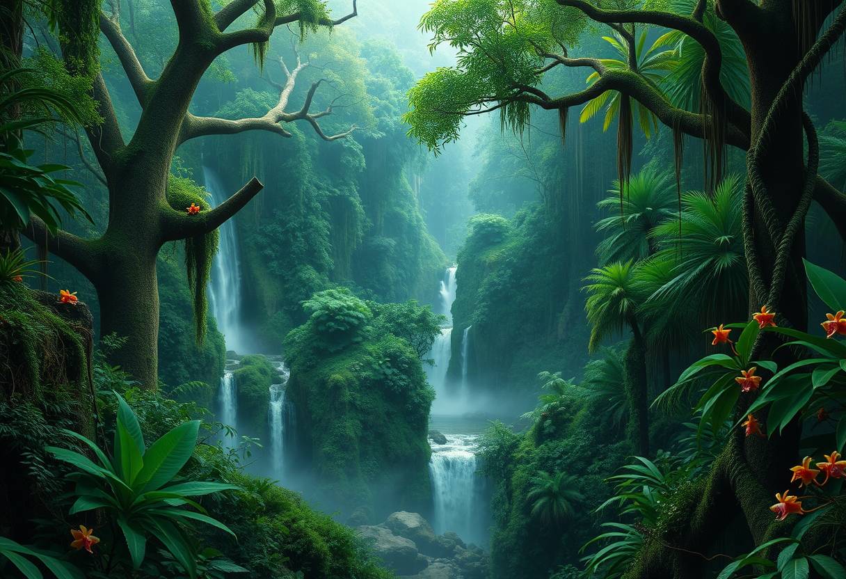 Lush, tropical rainforest, dense foliage, high quality, photorealistic, vibrant, breathtaking, waterfalls, misty, emerald green, ancient trees, hidden trails, tree frogs, vibrant orchids, hanging vines, moss-covered rocks, canopies, wildlife sanctuaries.