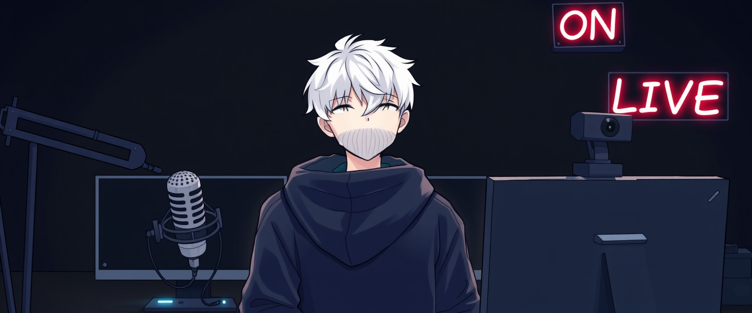 Image resembling a drawing of a boy with white hair and a black hoodie in a gamer setup with lights in front, looking at two monitors with a black screen in a black room with few neon lights in white and a small sign that says ON LIVE at the top right in white, with a podcast-style microphone on his left side and a webcam on top of a monitor on his right side. - Image