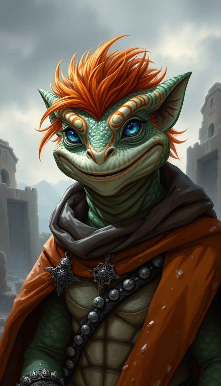 a lizardfolk wearing a cloak, blue eyes, smiling, ginger hair, ancient ruins, fantasy, overcast, god rays, frost, smirk, dnd