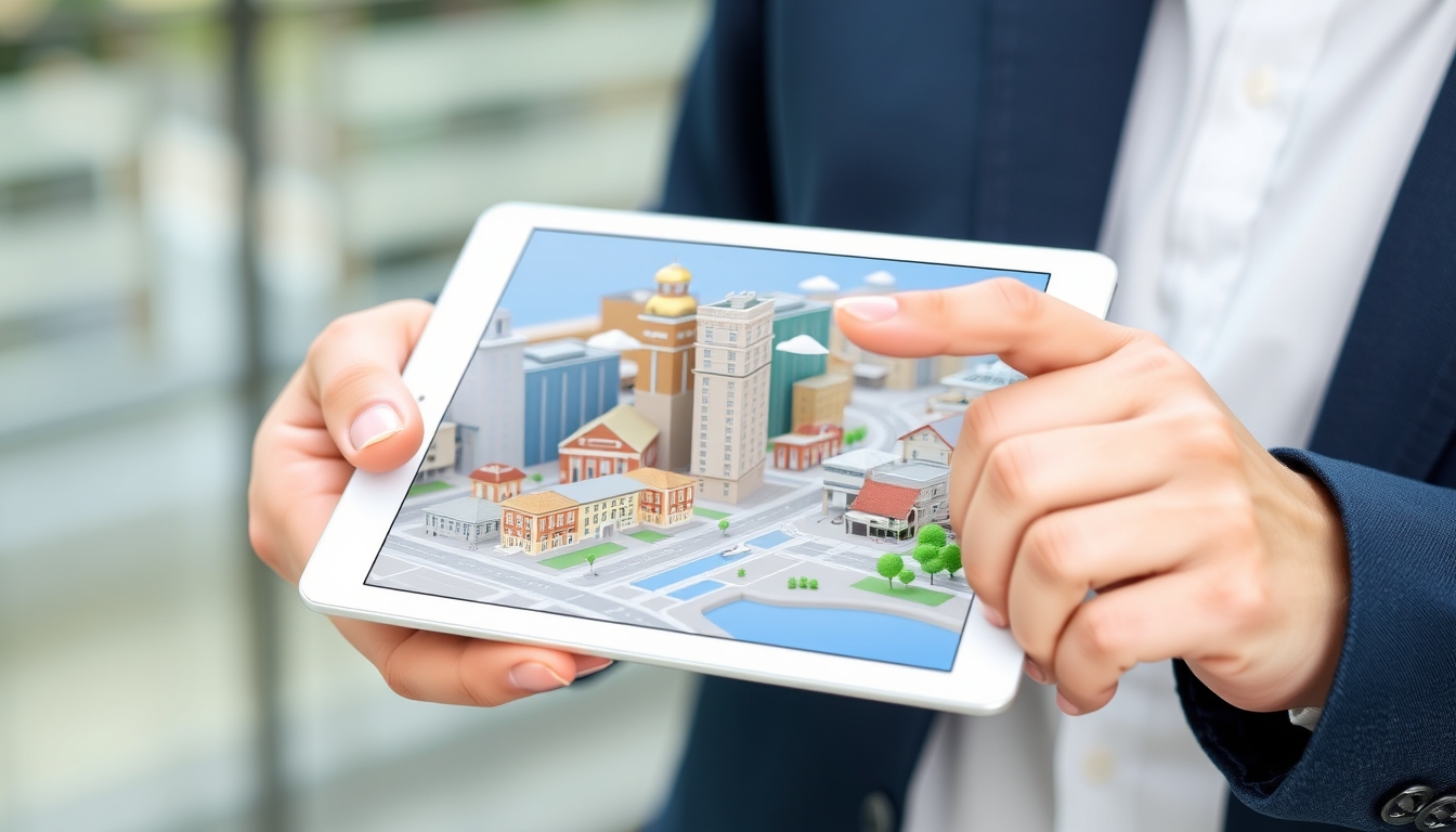 A Real Estate Agent Holding an iPad with a City Model on the Screen - Image