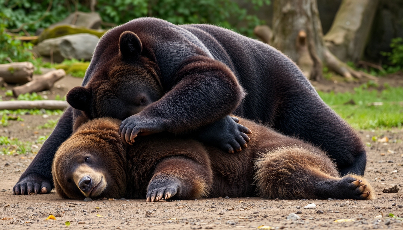 A strong, muscular black bear is pinning down a stronger, muscular brown bear lying on the ground - a style reminiscent of Fu Rui.