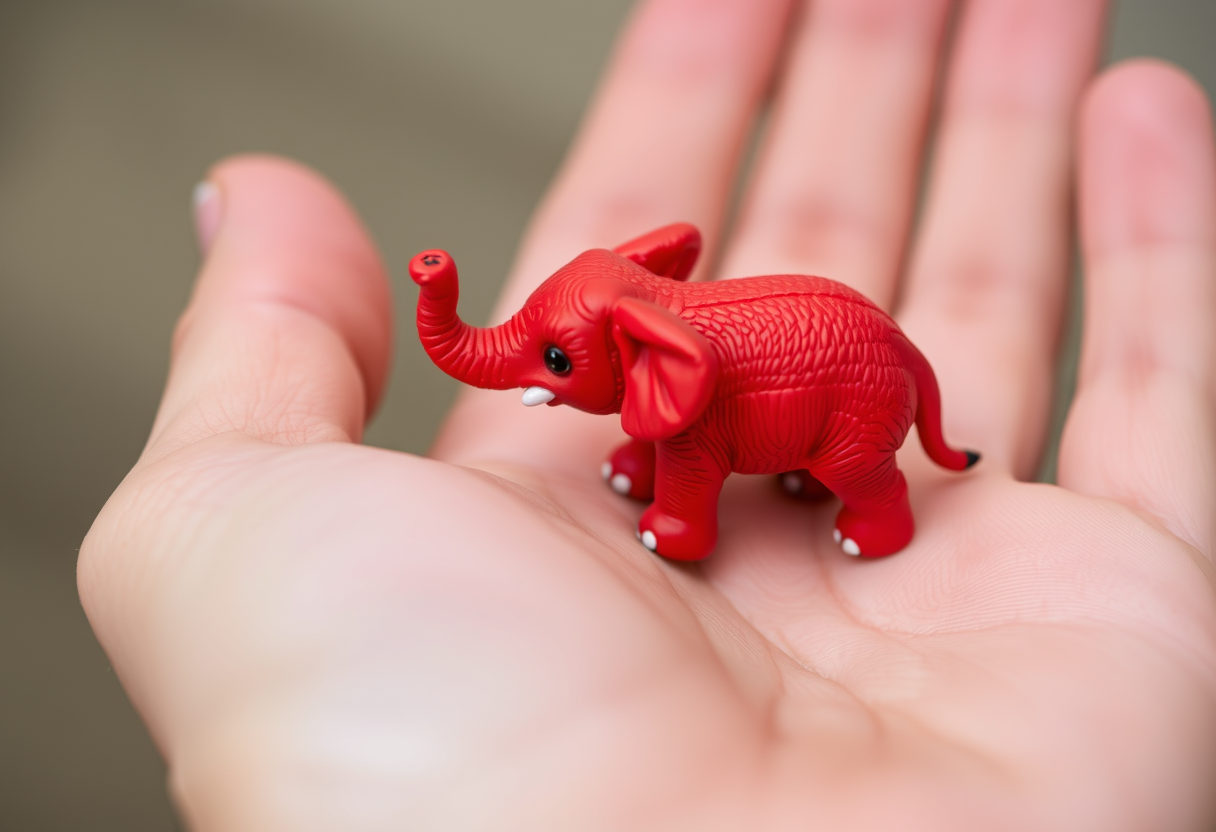 "In the palm of the hand is a cute mini red elephant, real and lifelike." - Image